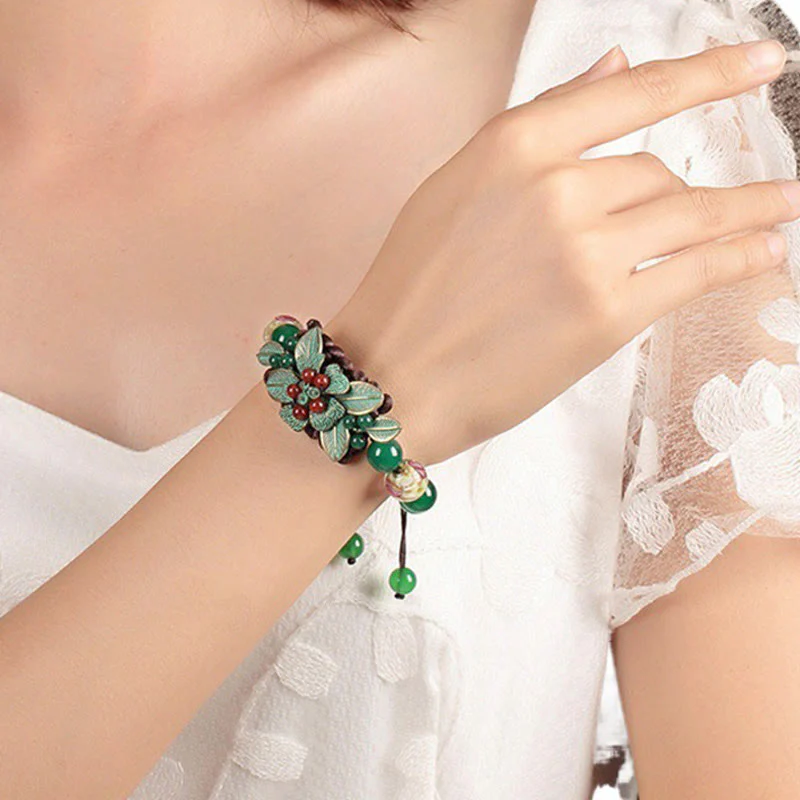 Buddha Stones Green Agate Glass Flower Beads Braided Knot Support Bracelet