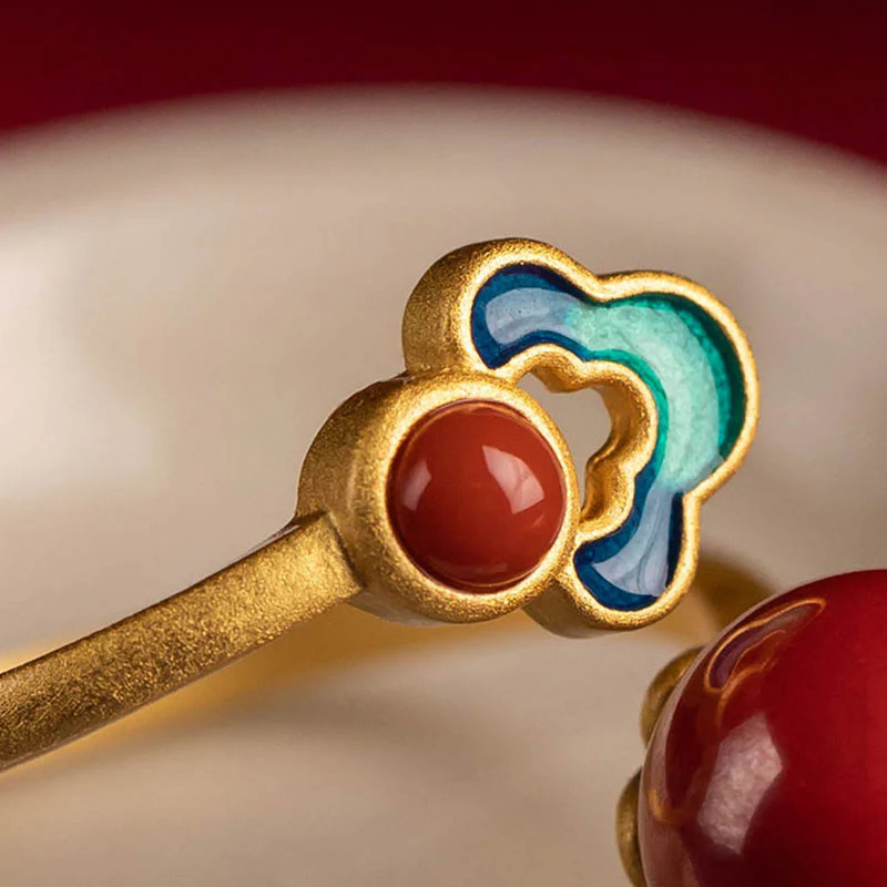 Buddha Stones 925 Sterling Silver Plated Gold Cinnabar Red Agate Blessing Necklace Pendant Earrings Ring Set