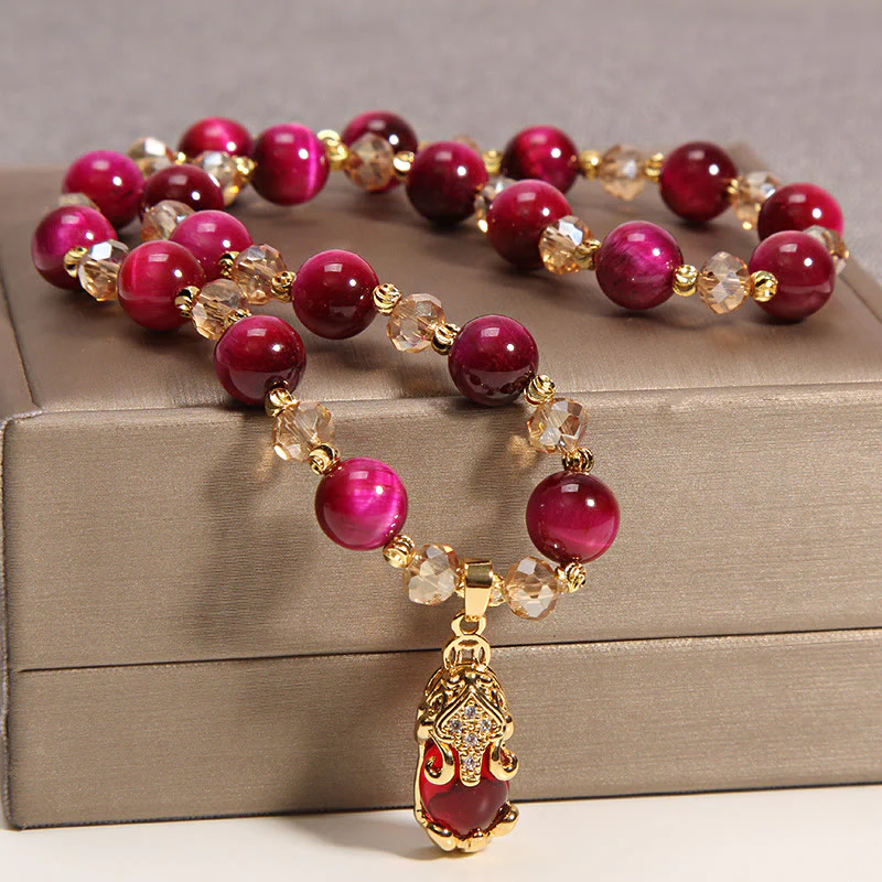 Buddha Stones Tiger Eye Pixiu Fox Money Bag Protection Self Confidence Double Wrap Bracelet