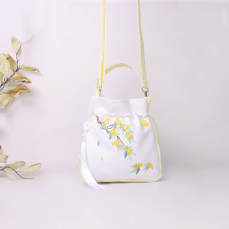 Buddha Stones Embroidered Osmanthus Peony Grape Cat Cotton Linen Tote Crossbody Bag Shoulder Bag Handbag