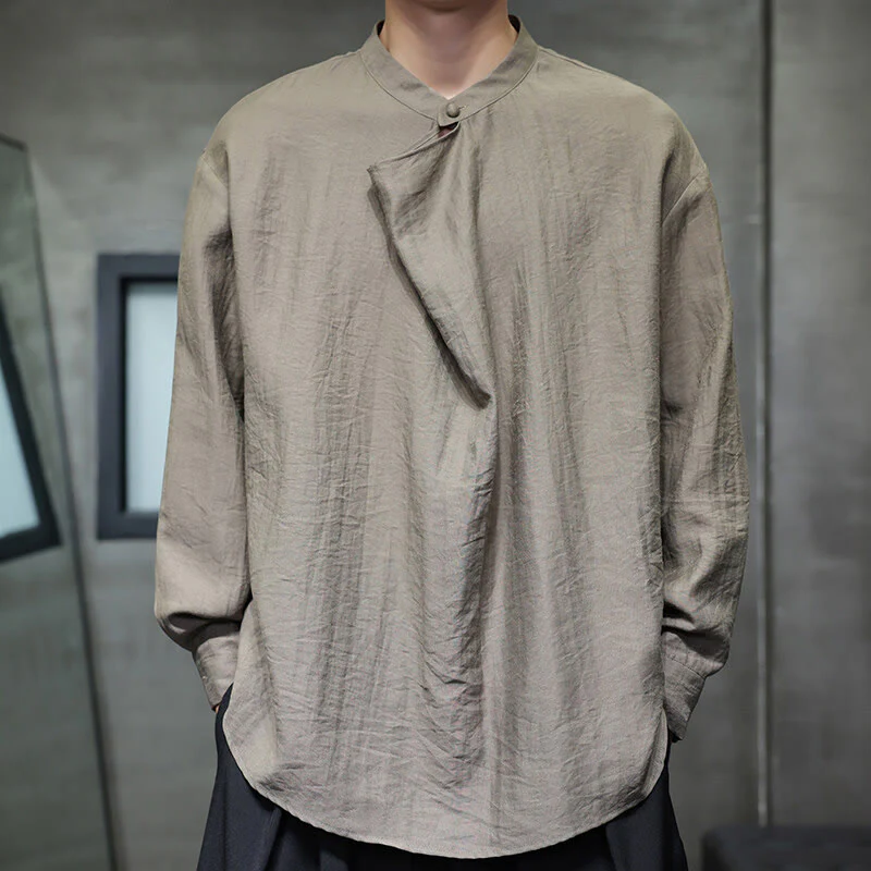 Buddha Stones Spring Solid Color Pleated Stand Collar Design Tang Suit Men's Long Sleeve Linen Shirt