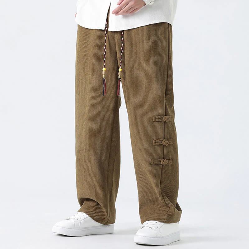 Buddha Stones Plain Chinese Frog-Button Design Drawstring Men's Corduroy Pants With Pockets