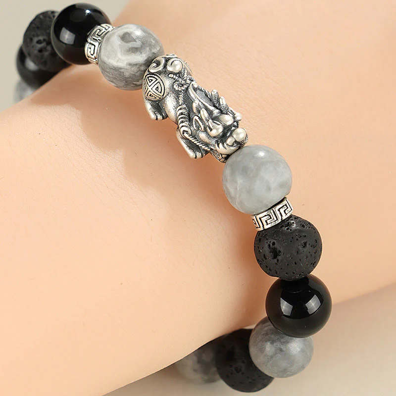 Buddha Stones 999 Sterling Silver PiXiu Black Onyx Grey Jasper Lava Rock Protection Bracelet