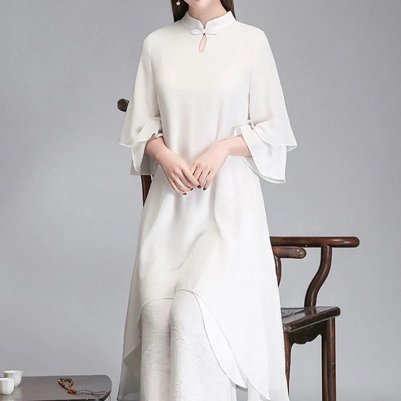 Buddha Stones Solid Women's Three Quarter Sleeve Chiffon Irregular Shirt Dress Wide Leg Pants Meditation Clothing