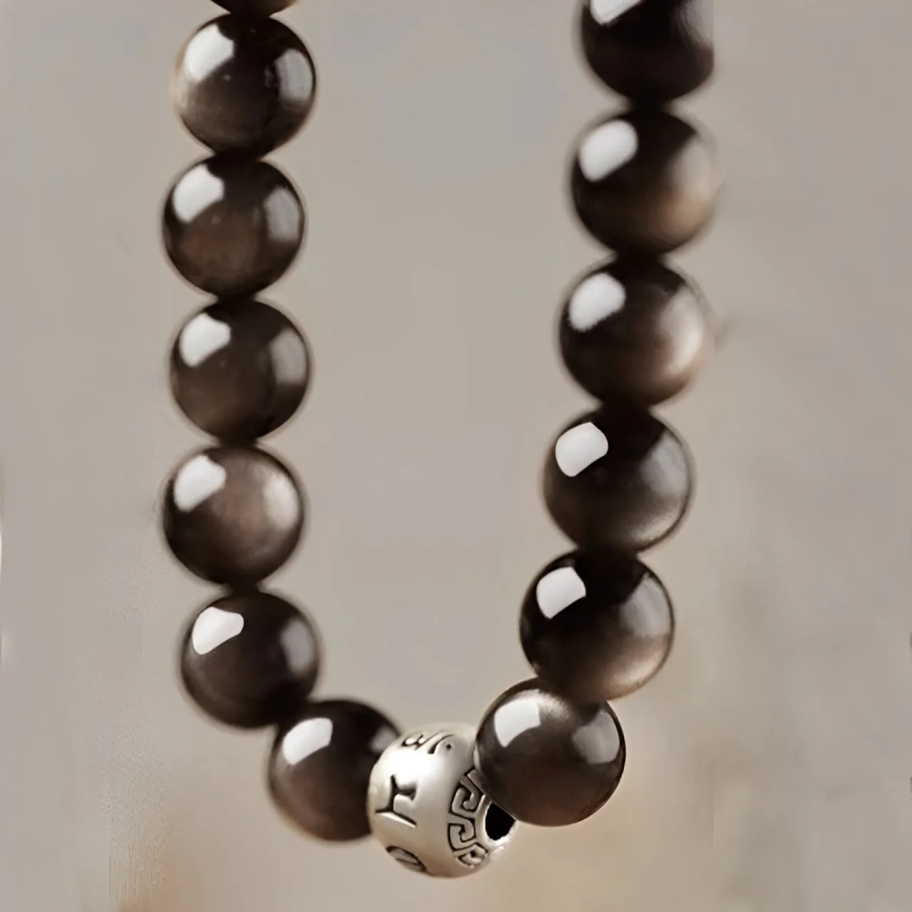Buddha Stones Natural Silver Sheen Obsidian Om Mani Padme Hum Protection Bracelet