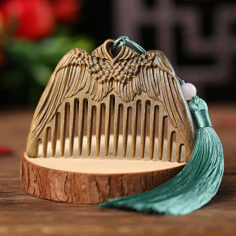 Buddha Stones Green Sandalwood Fox Peony Flower Lotus Engraved Cure Tassel Comb