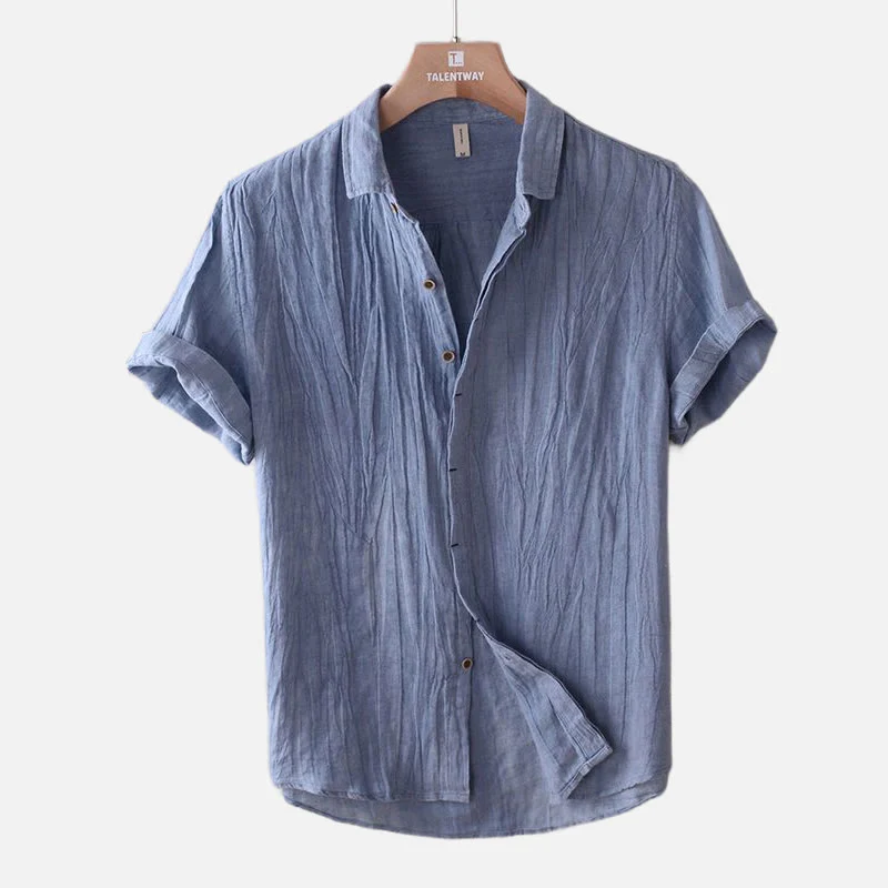 Buddha Stones Men's Shirt Solid Color Lapel Top Short Sleeve Comfy Button Crease Cotton Linen Shirt