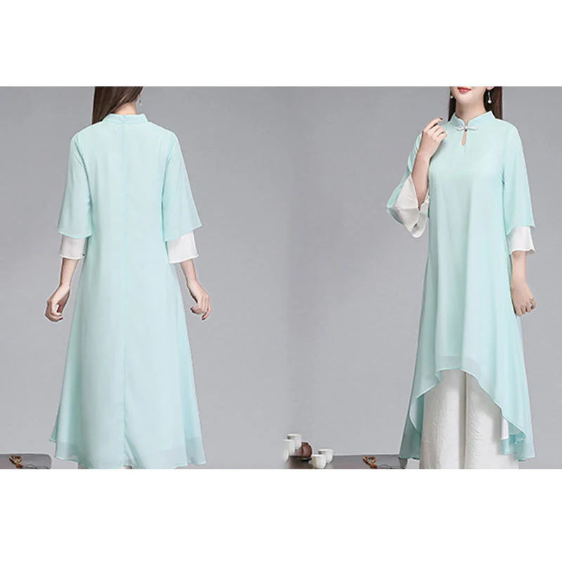 Buddha Stones Solid Women's Three Quarter Sleeve Chiffon Irregular Shirt Dress Wide Leg Pants Meditation Clothing