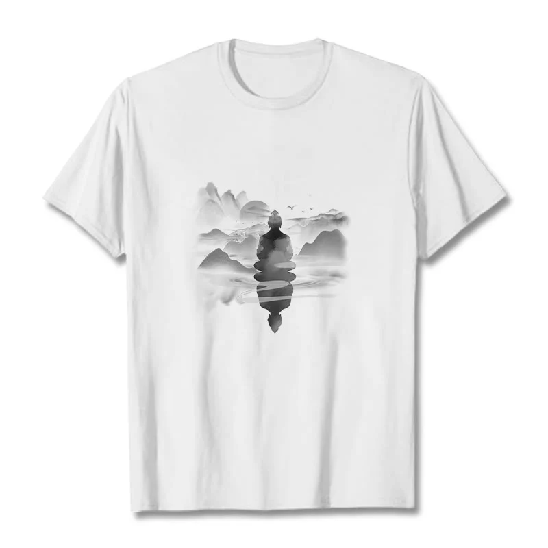 Buddha Stones Meditating Buddha Sitting In Mountains Pattern Cotton Tee T-shirt