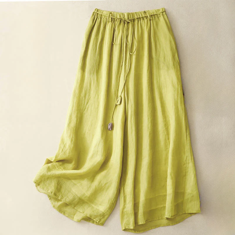 Buddha Stones Simple Design Drawstring Linen Women's Wide Leg Pants With Pockets