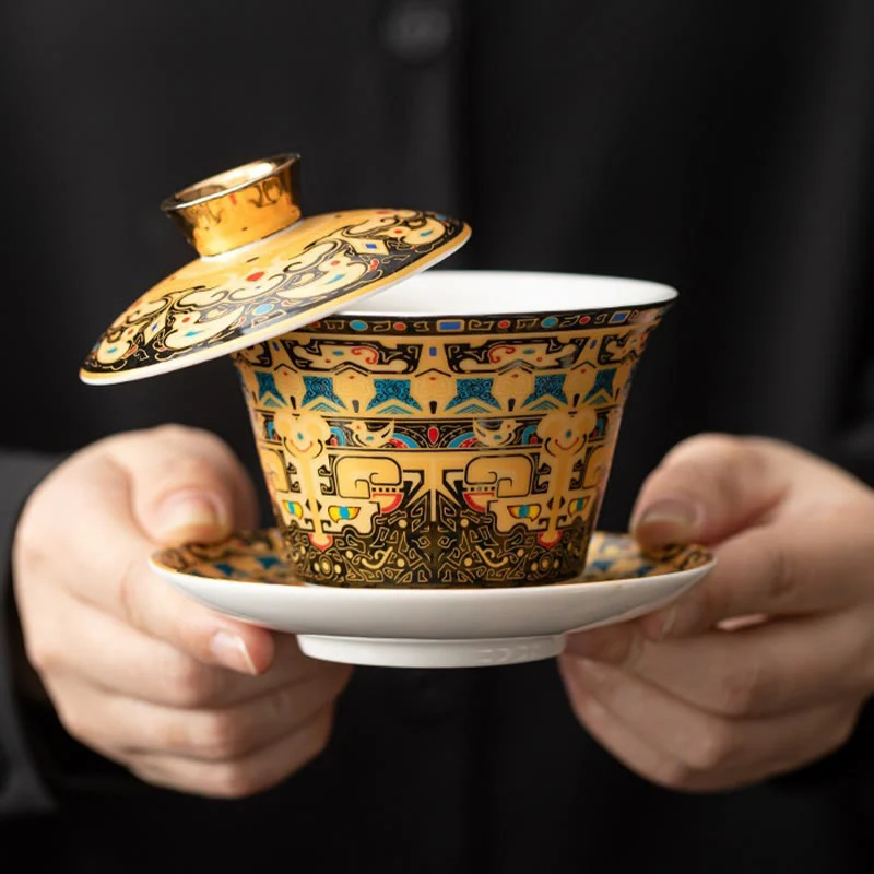 Buddha Stones Thangka Dragon Buddhas Dunhuang Ceramic Gaiwan Sancai Kung Fu Tea Cup And Saucer With Lid Gift Box 180ml