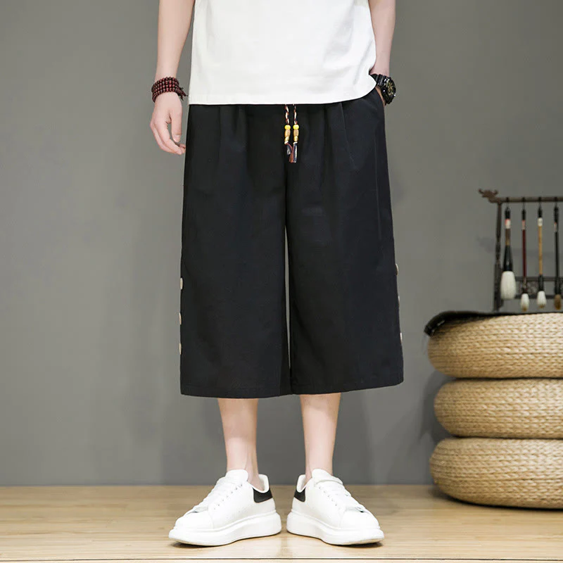 Buddha Stones Casual Plain Side Button Design Drawstring Men's Cotton Cropped Pants With Pockets