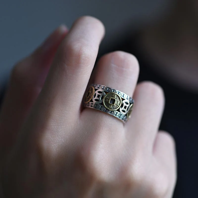 Buddha Stones Five-Emperor Coins Balance Adjustable Ring