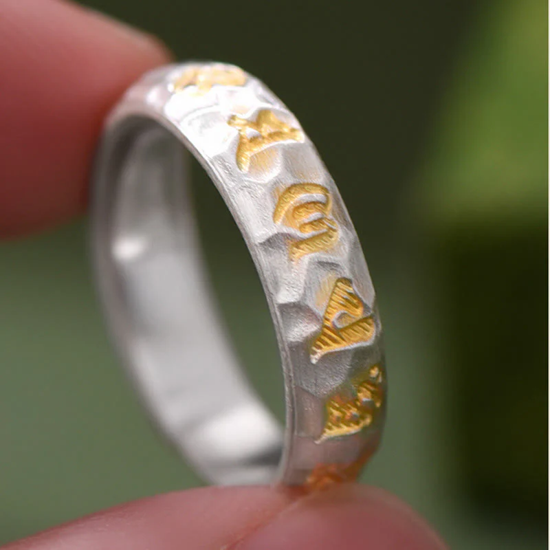 Buddha Stones Hammer Pattern Om Mani Padme Hum Copper Plated Silver Wealth Ring