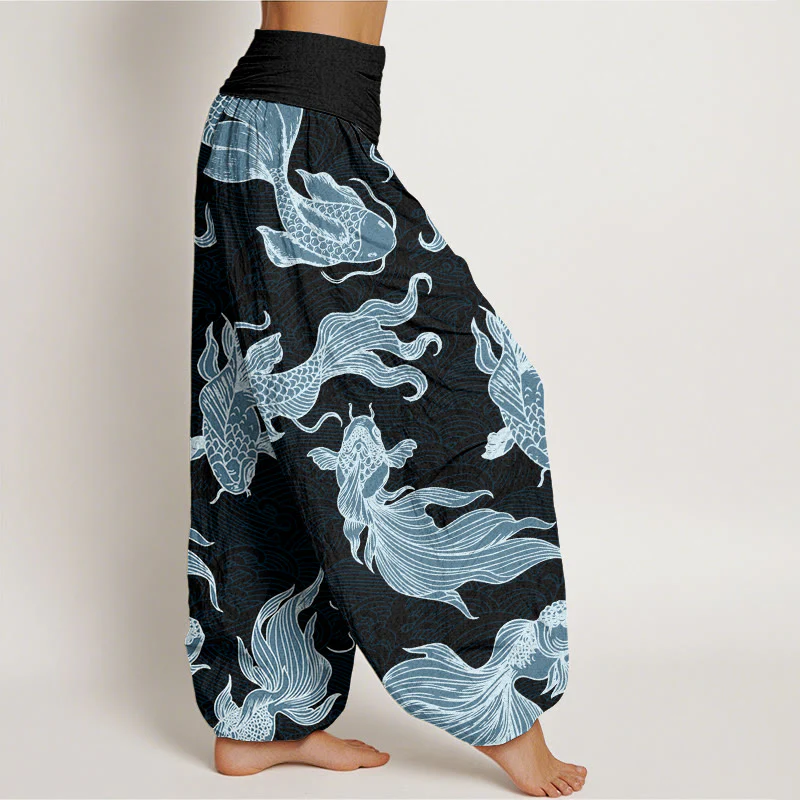 Buddha Stones Koi Fish Waves Pattern Design Women's Elastic Waist Harem Pants