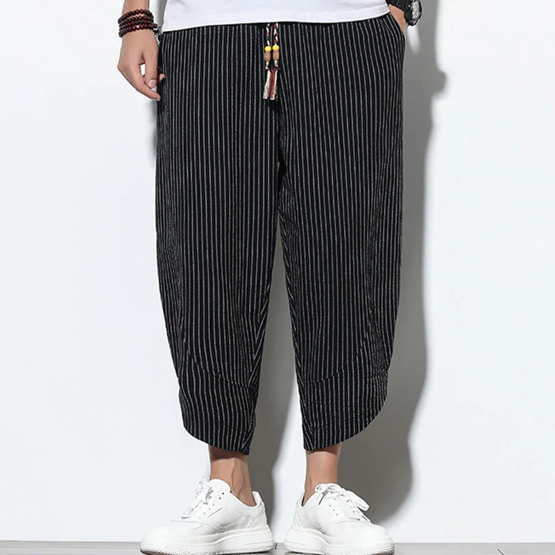 Buddha Stones Summer Stripes Pattern Drawstring Cotton Linen Men's 7-8 Length Harem Pants With Pockets