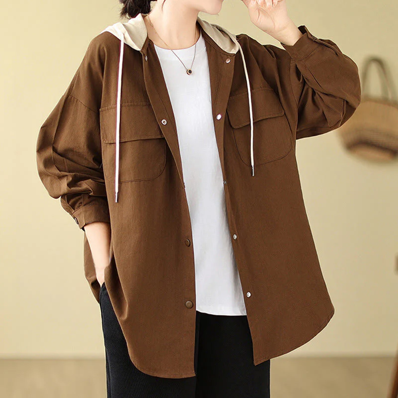 Buddha Stones Casual Commute Drawstring Hoodie Women's Cotton Linen Jacket With Pockets