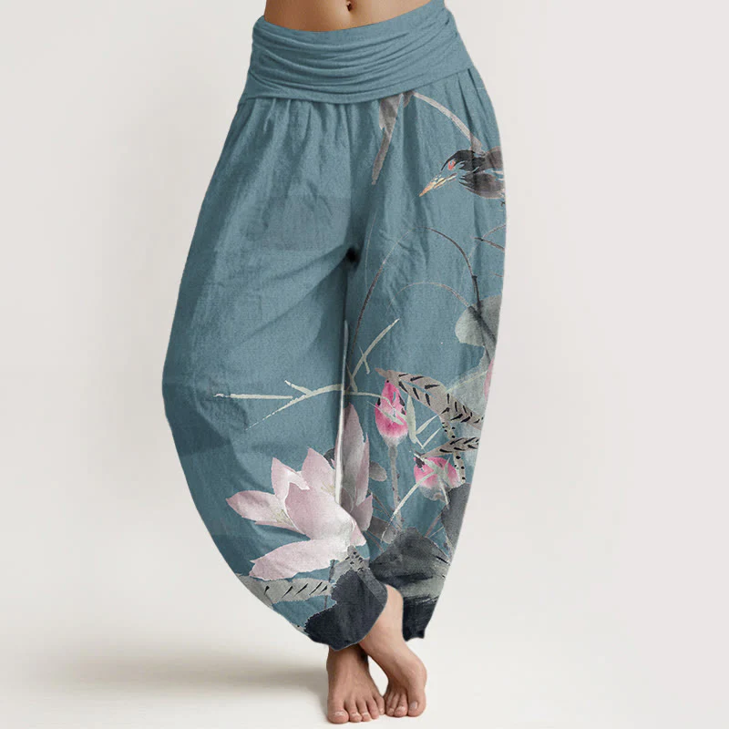 Buddha Stones Pure Cotton Pink Lotus Leaves Bird Pattern Women's Elastic Waist Harem Pants