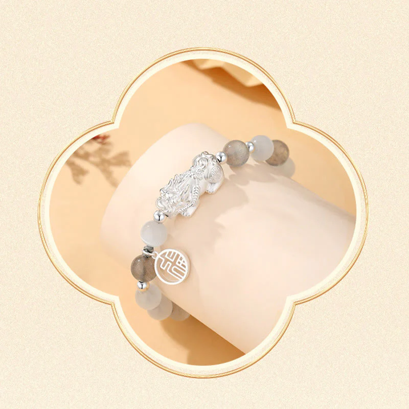 Buddha Stones Pi Xiu Six True Words 999 Sterling Silver Black Obsidian White Turquoise Chrysoberyl Luck Bracelet