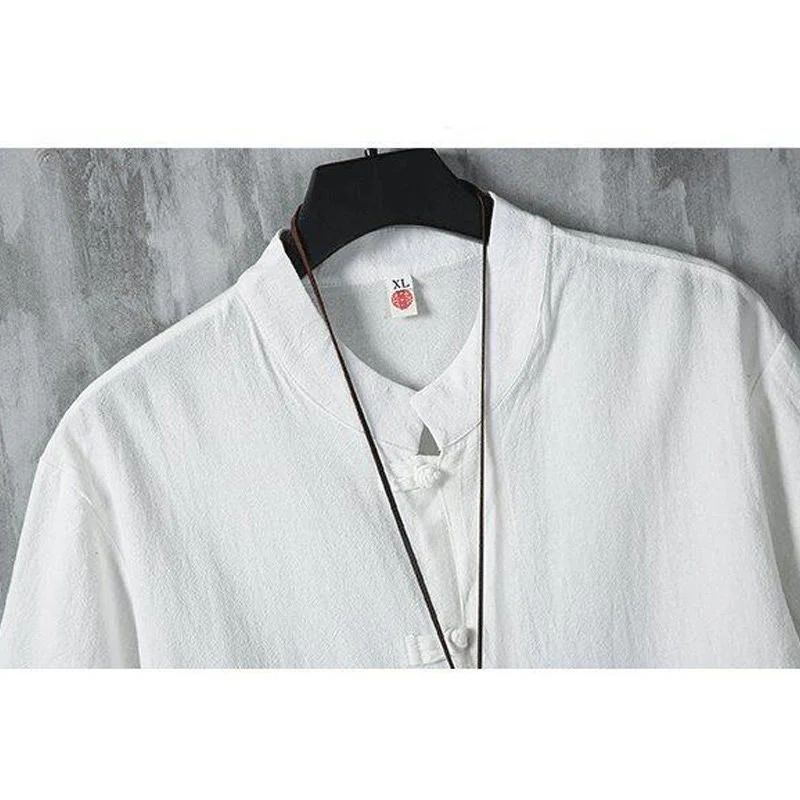 Buddha Stones Daily Casual Plain Chinese Frog-Button Men's Short Sleeve Cotton Linen Shirt