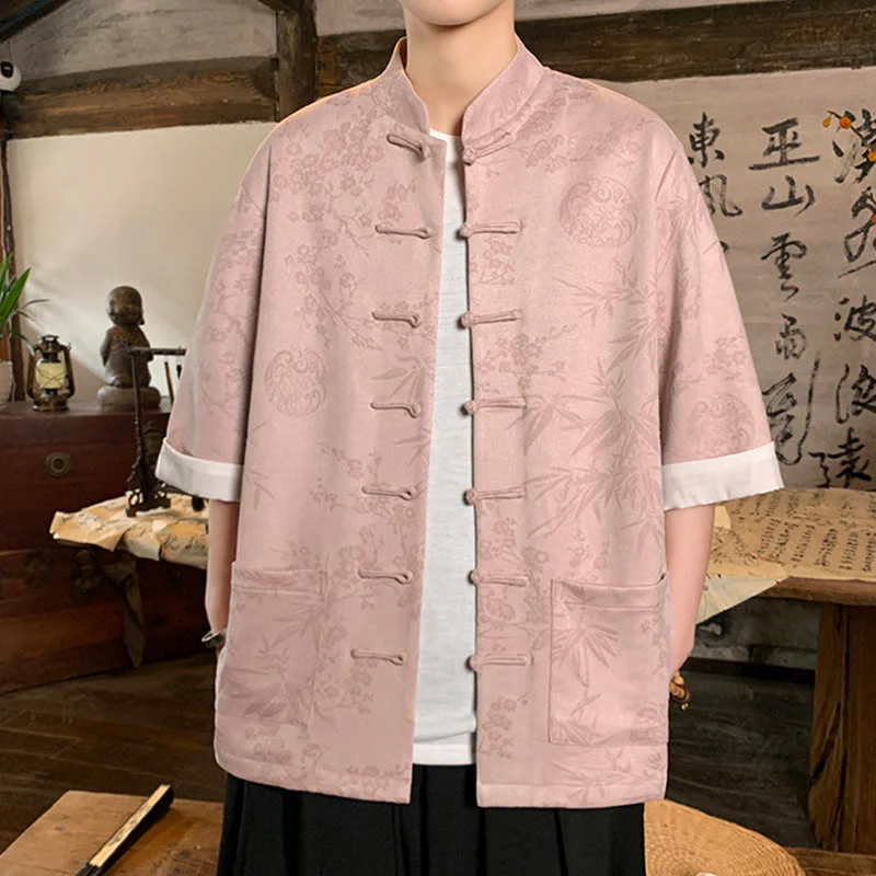 Buddha Stones Jacquard Bamboo Plum Bossom Pattern Chinese Frog-Button Design Men's Half Sleeve Cotton Shirt With Pockets