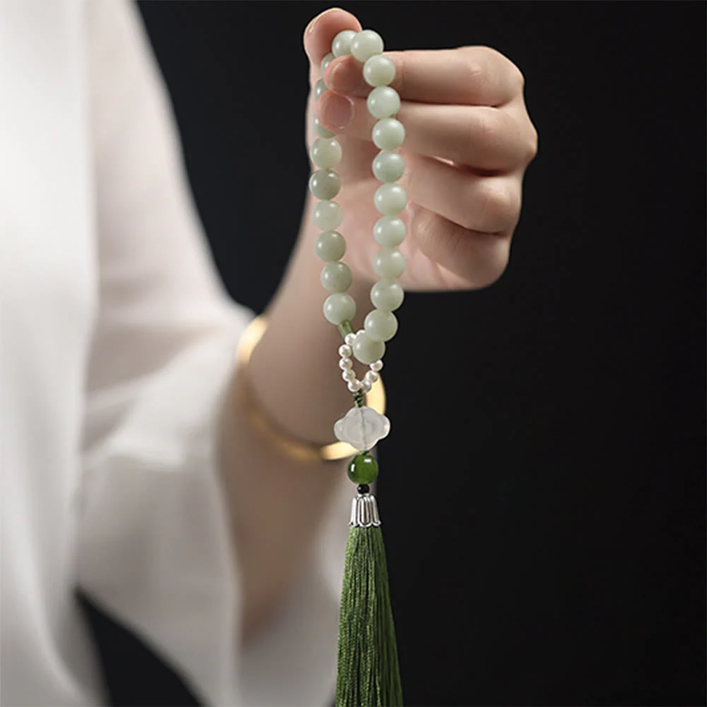 Buddha Stones Green Jade Beads Pearl Prosperity Tassels Wrist Mala