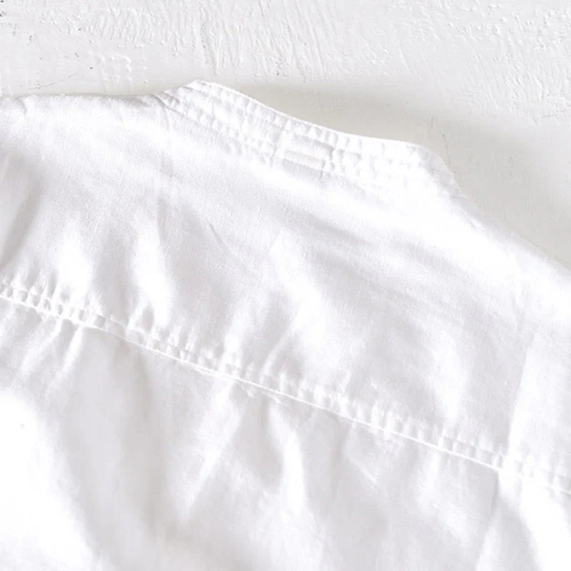 Buddha Stones Summer Stand Collar Short Sleeve Cotton Linen Half Button Men's Shirt