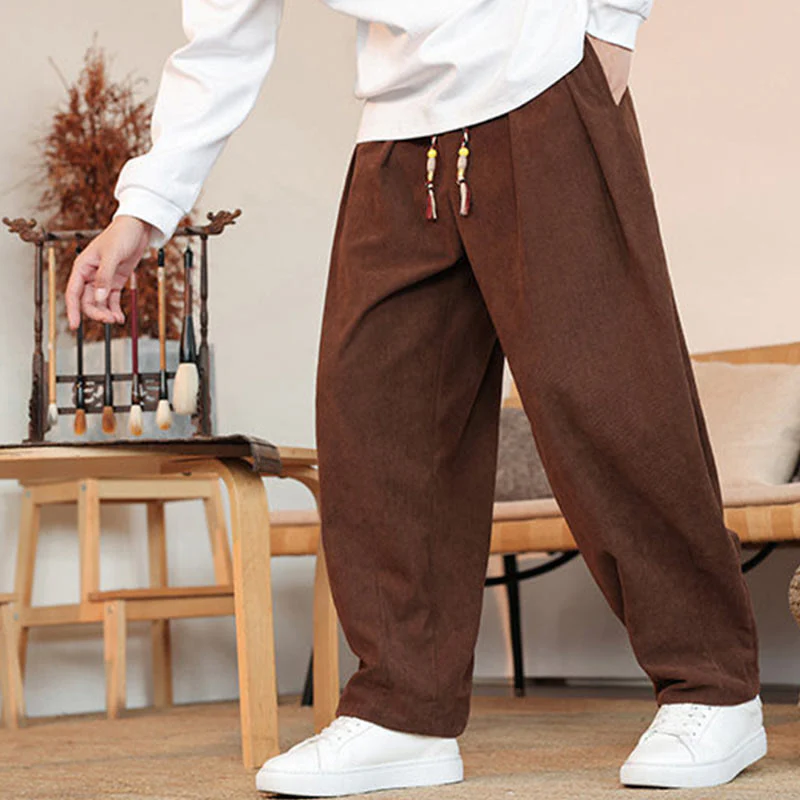 Buddha Stones Fall Winter Men's Drawstring Corduroy Solid Pants With Pockets