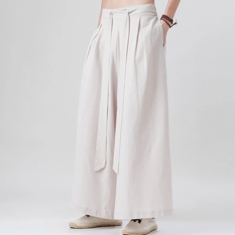 Buddha Stones Spring Casual Sports Drawstring Design Men's Cotton Linen Wide Leg Pants With Pockets