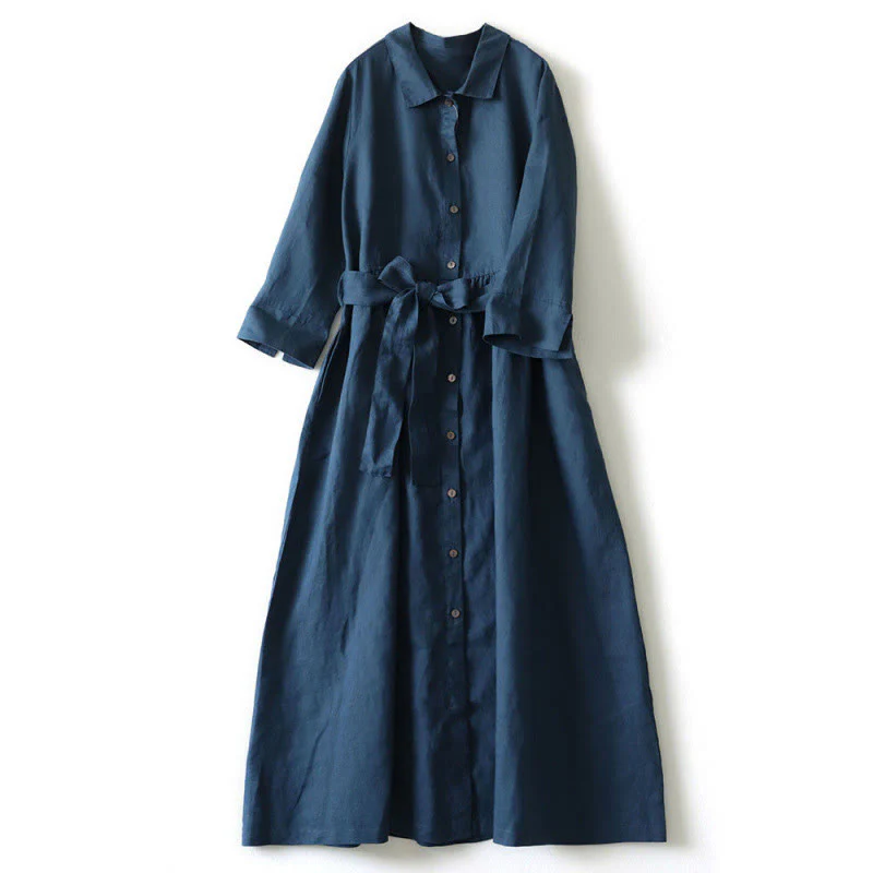 Buddha Stones Casual Plain Lace-up Stand Collar Linen Midi Dress With Pockets
