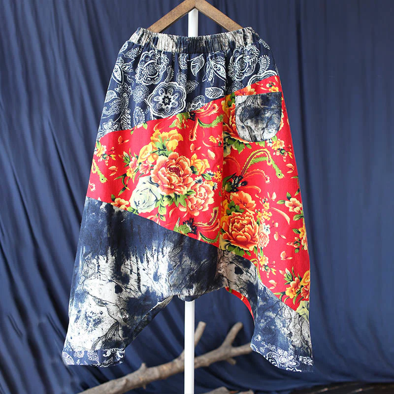Buddha Stones Blue Red Peony Flowers Patchwork Cotton Linen Harem Pants With Pockets