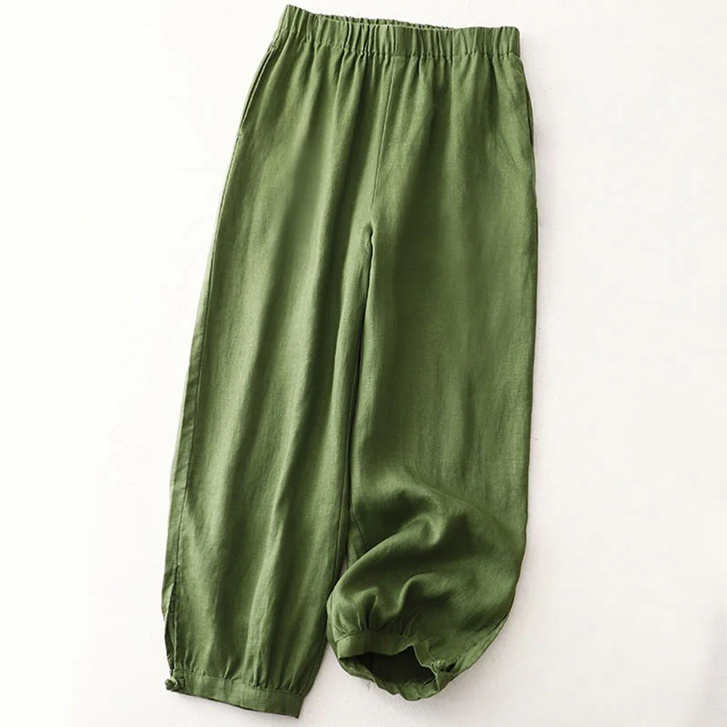 Buddha Stones Commute Side Slit Women's Harem Cotton Linen Bloomers Pants With Pockets