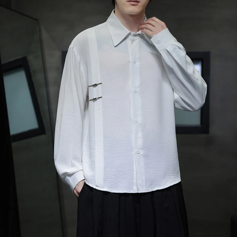 Buddha Stones Plain Buttons Stand Collar Long Sleeve Men's Cotton Shirt