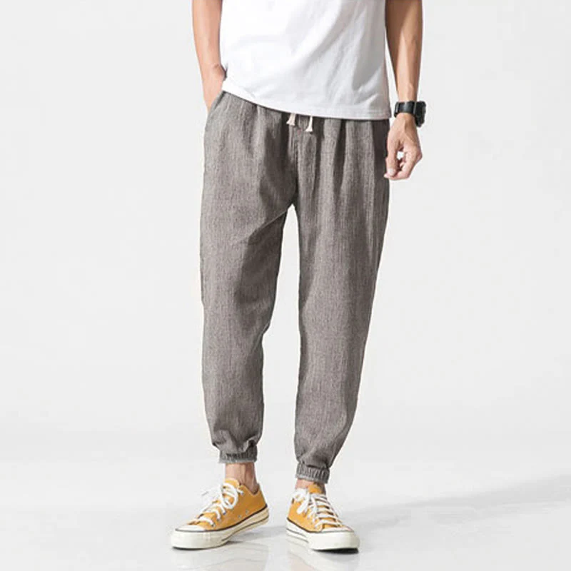 Buddha Stones Simple Drawstring Design Linen Men's Pants With Pockets