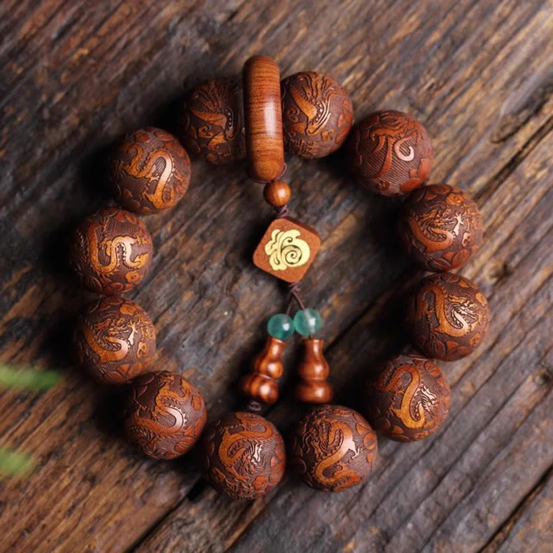 Buddha Stones Natural Carving Dragon And Phoenix Fu Character Gourd Rosewood Beads Warmth Bracelet
