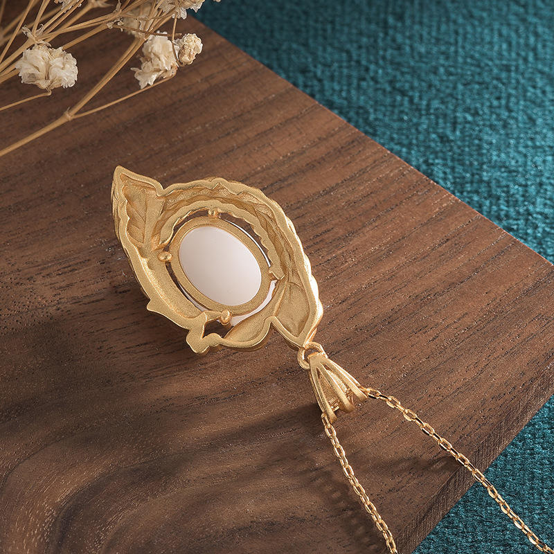 Buddha Stones White Jade Peacock Copper Blessing Necklace Pendant