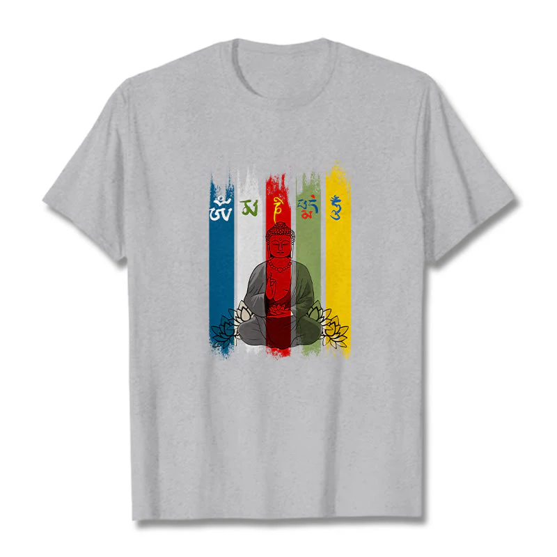 Buddha Stones Six True Words 'Om Mani Padme Hum' Buddha Sitting With Lotus Cotton Tee T-shirt