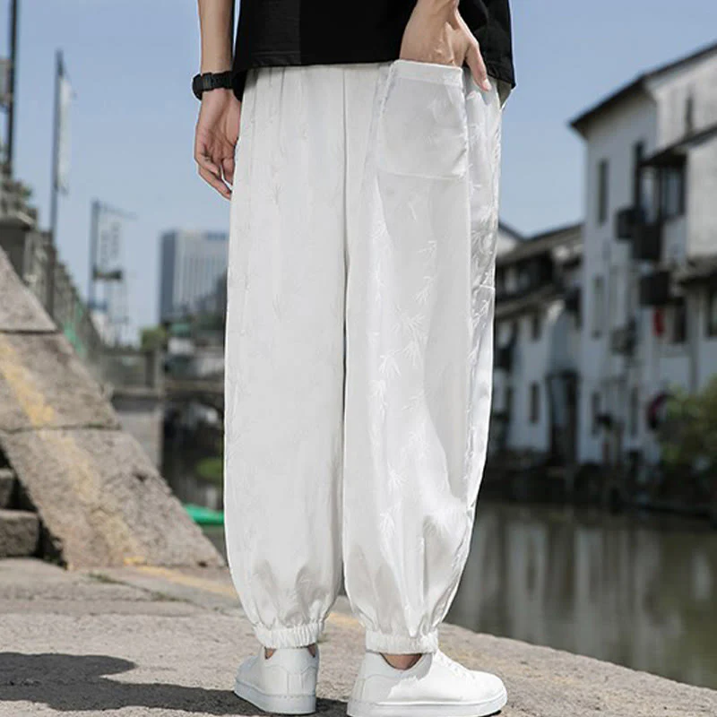 Buddha Stones Summer Ice Silk Jacquard Bamboo Pattern Men's Drawstring Cotton Pants With Pockets