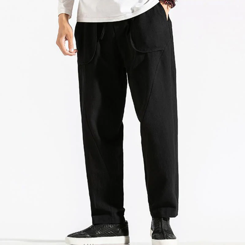 Buddha Stones Retro Casual Drawstring Design Men's Harem Cotton Plain Pants With Pockets