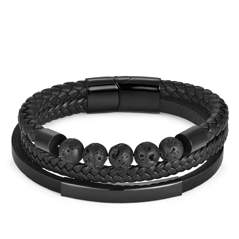 Buddha Stones Leather Titanium Steel Lava Rock Strengthen Buckle Bracelet