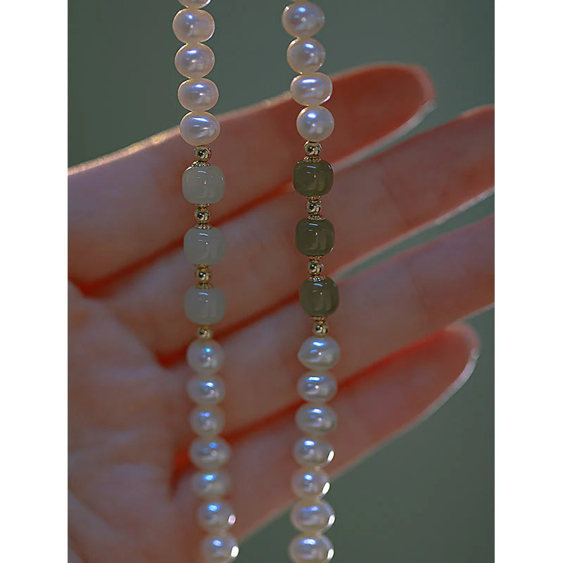 Buddha Stones 14K Gold Plated Natural Pearl Hetian Cyan Jade White Jade Sincerity Bead Chain Bracelet
