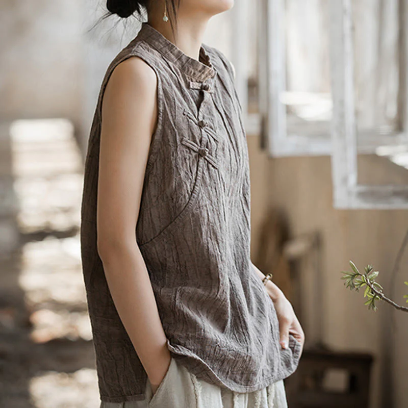 Buddha Stones Summer Tie-dye Frog-Button Ramie Cotton Sleeveless Women's Vest