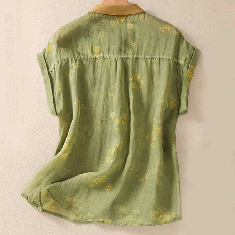 Buddha Stones Small Yellow Flower Leaves Buttons Short Sleeve Women's Shirt