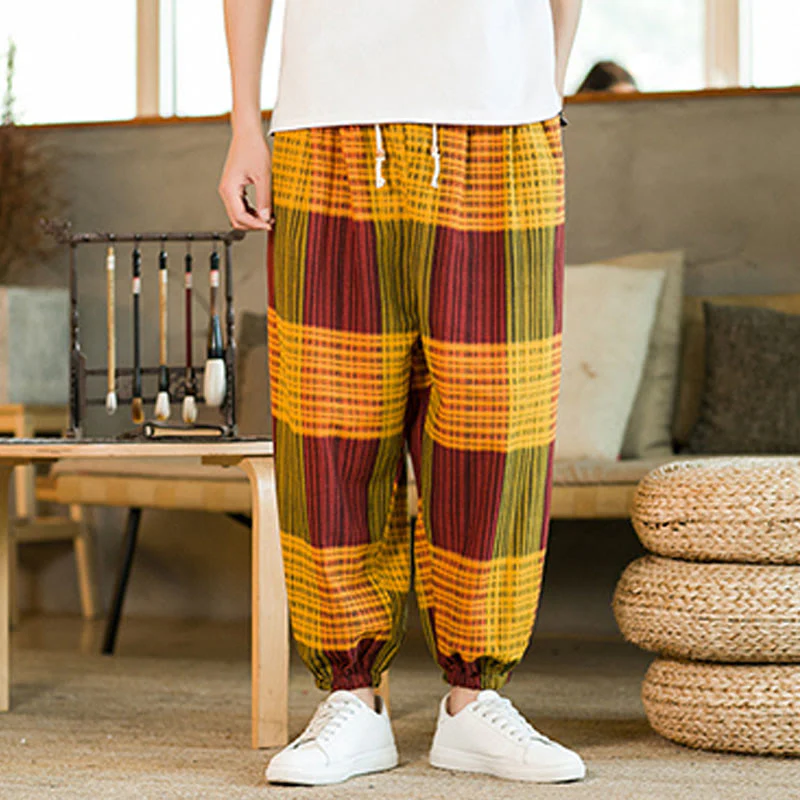 Buddha Stones Summer Checkered Stripes Cotton Linen Men's Harem Pants With Pockets