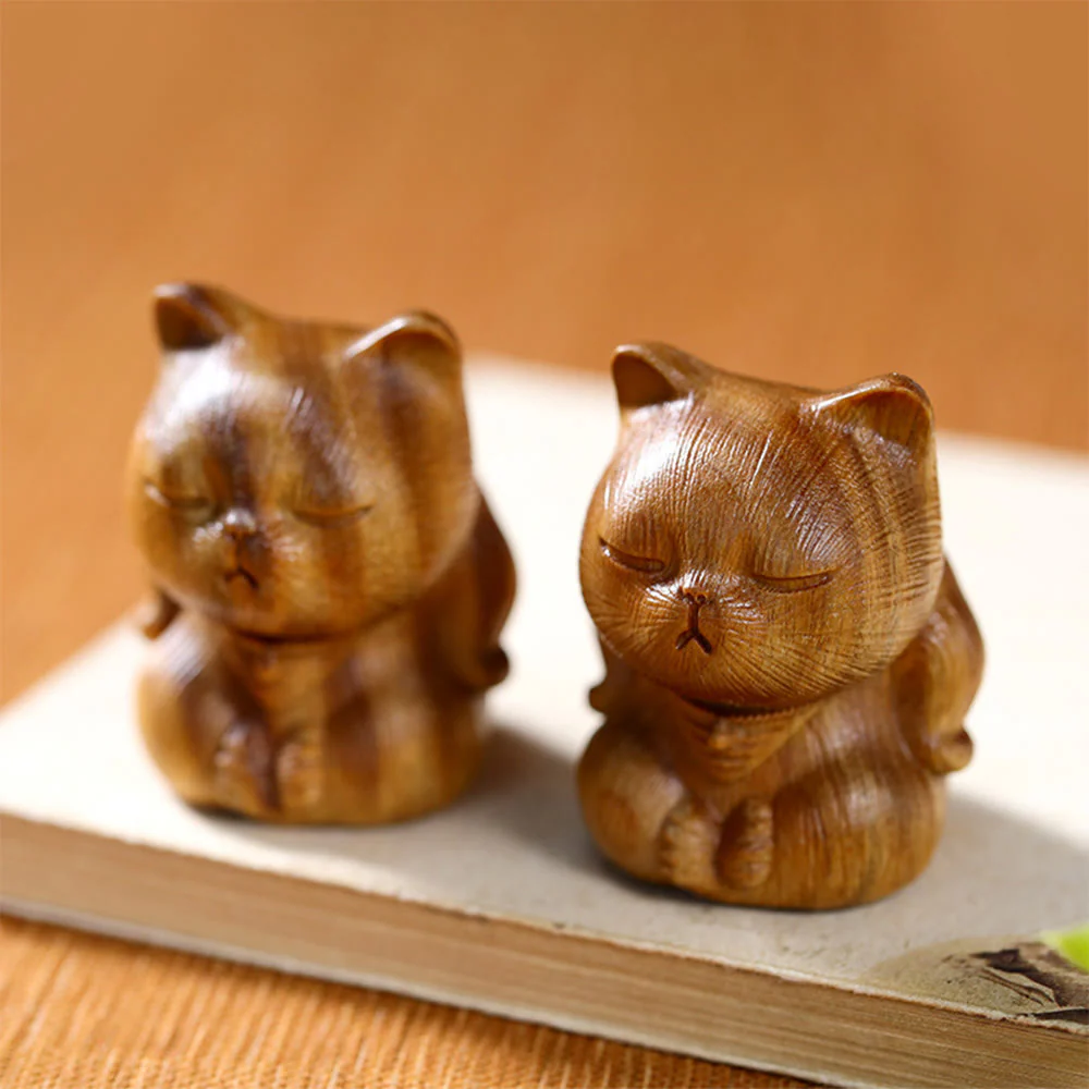 Buddha Stones Small Mini Green Sandalwood Lucky Cat Carved Soothing Decorations