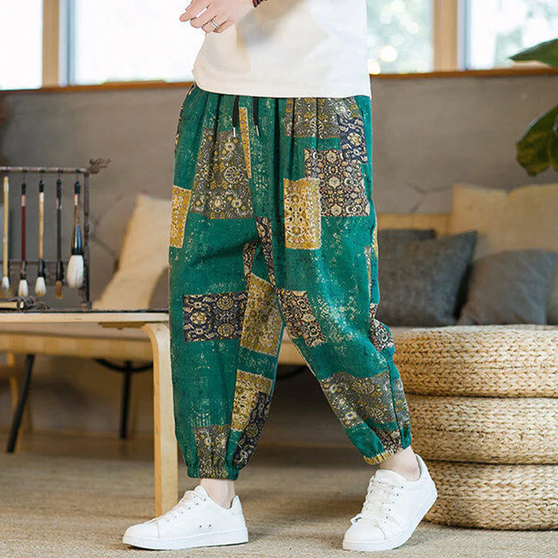 Buddha Stones Summer Square Patchwork Cotton Linen Men's Ankle-Length Harem Pants With Pockets