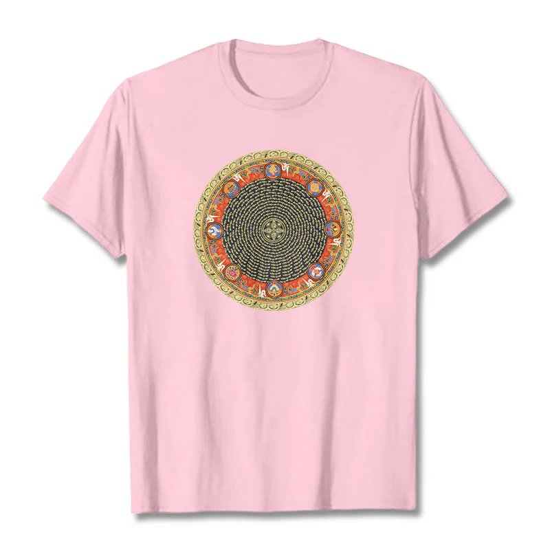 Buddha Stones Circular Om Mani Padme Hum Eight Auspicious Symbols Cotton Tee T-shirt