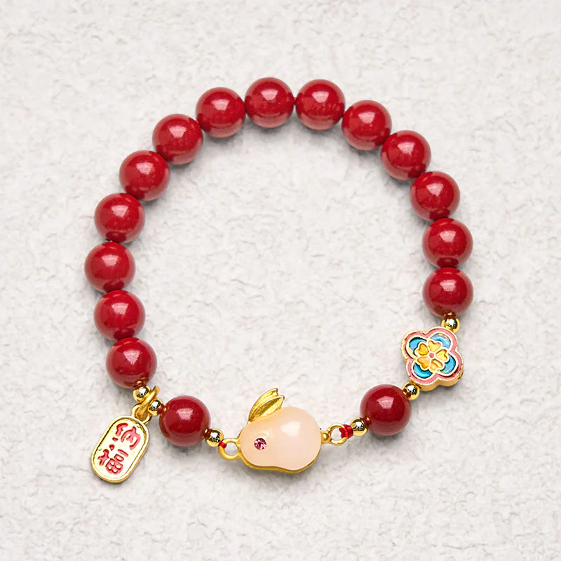Buddha Stones Cinnabar Cute Rabbit Bunny Fu Character Calm Bracelet