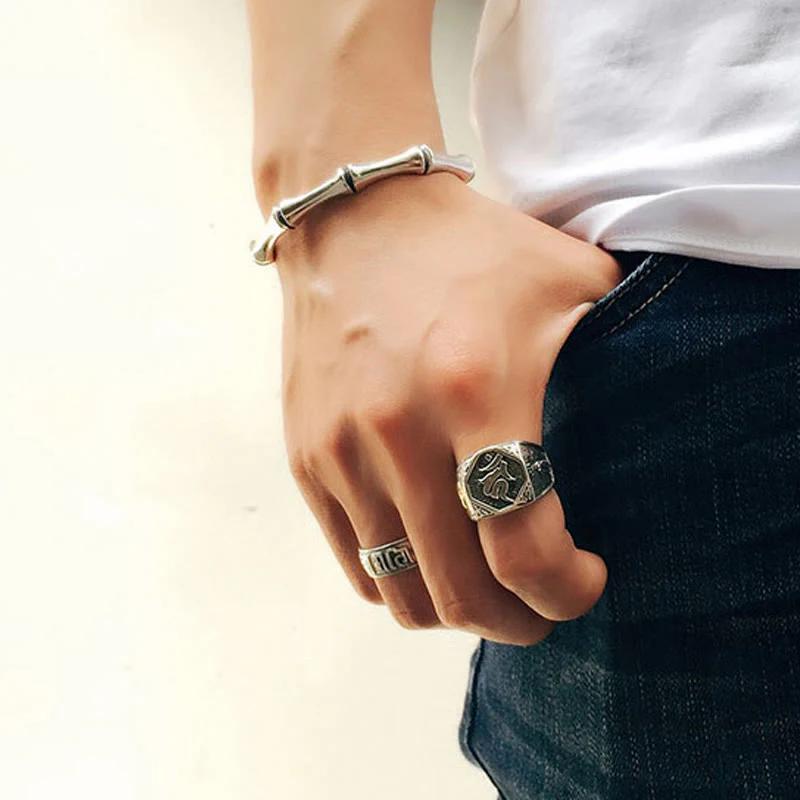Buddha Stones 925 Sterling Silver Sanskrit Design Carved Protection Adjustable Ring