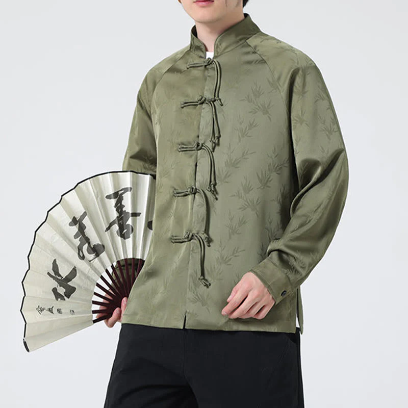 Buddha Stones Spring Jacquard Bamboo Leaves Pattern Chinese Frog-Button Design Men's Long Sleeve Shirt